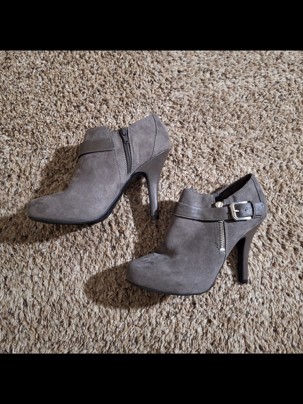 Fergalicious by Fergie Gray Suede Buckle High Heel Ankle Booties Size 8
